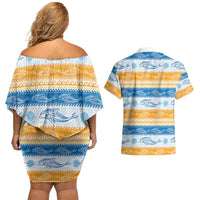 Anguilla Dolphins Pattern Couples Matching Off Shoulder Short Dress and Hawaiian Shirt Orange And Blue
