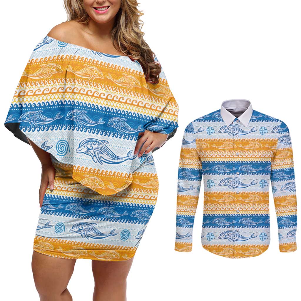 Anguilla Dolphins Pattern Couples Matching Off Shoulder Short Dress and Long Sleeve Button Shirt Orange And Blue