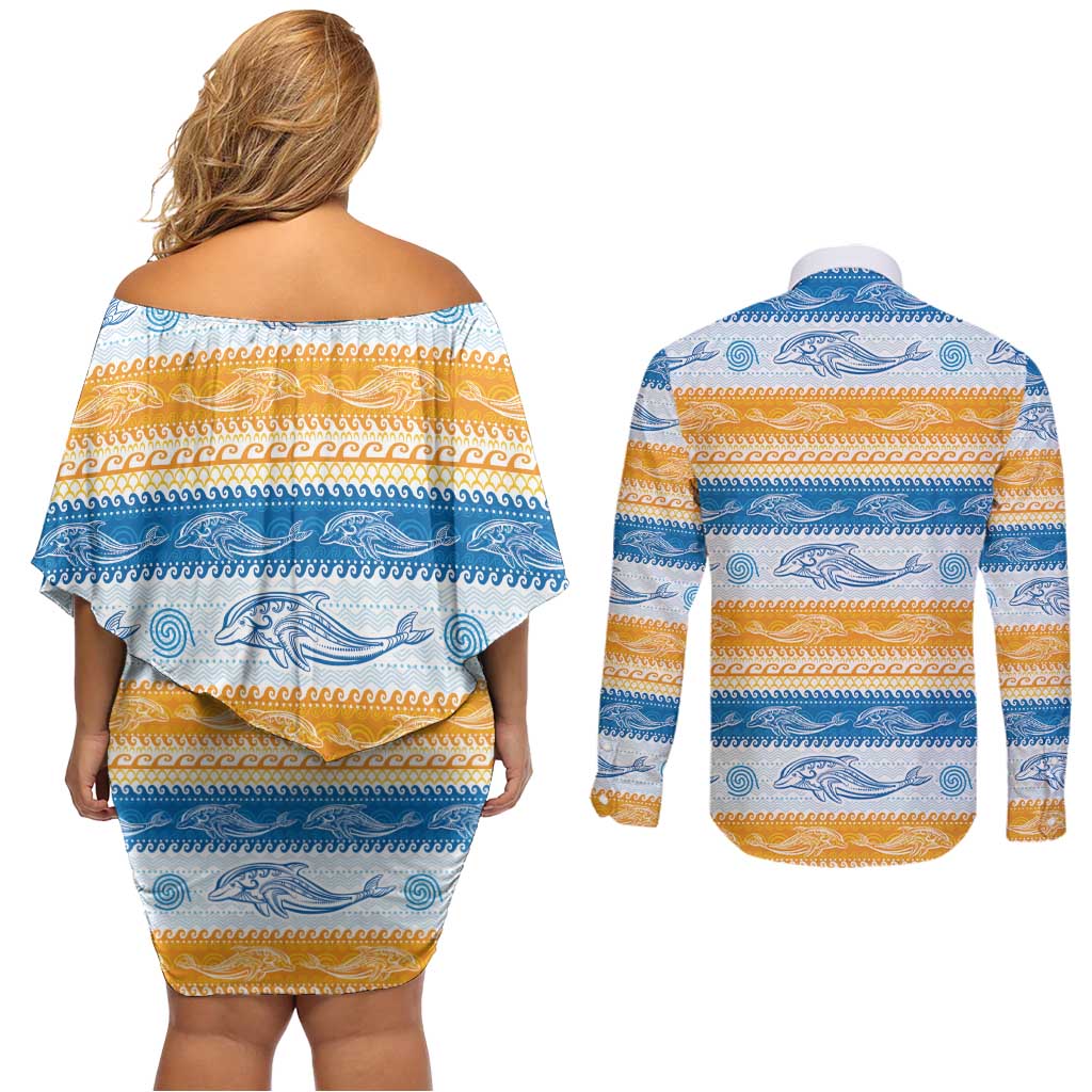 Anguilla Dolphins Pattern Couples Matching Off Shoulder Short Dress and Long Sleeve Button Shirt Orange And Blue