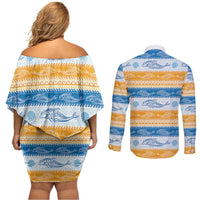 Anguilla Dolphins Pattern Couples Matching Off Shoulder Short Dress and Long Sleeve Button Shirt Orange And Blue