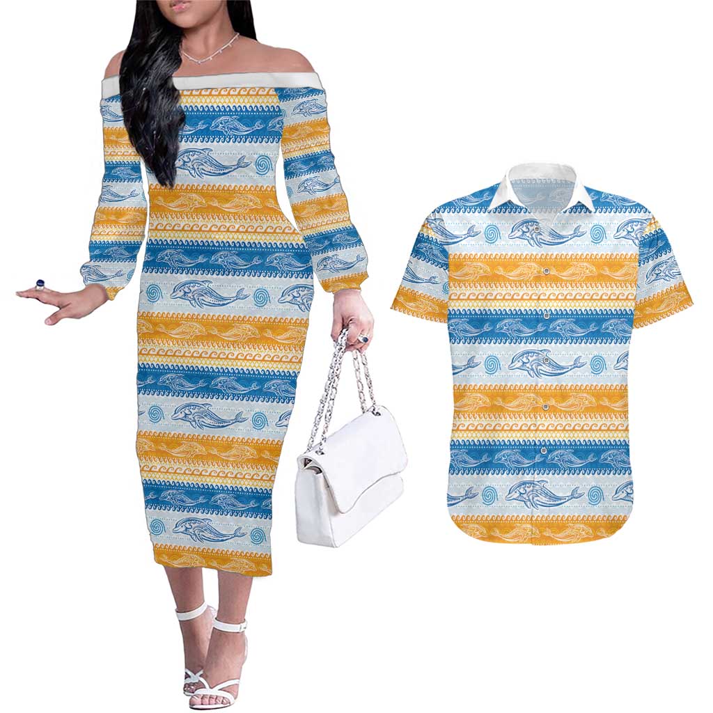 Anguilla Dolphins Pattern Couples Matching Off The Shoulder Long Sleeve Dress and Hawaiian Shirt Orange And Blue