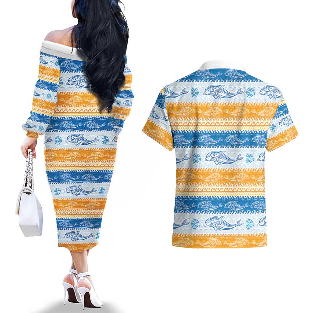 Anguilla Dolphins Pattern Couples Matching Off The Shoulder Long Sleeve Dress and Hawaiian Shirt Orange And Blue