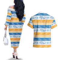 Anguilla Dolphins Pattern Couples Matching Off The Shoulder Long Sleeve Dress and Hawaiian Shirt Orange And Blue
