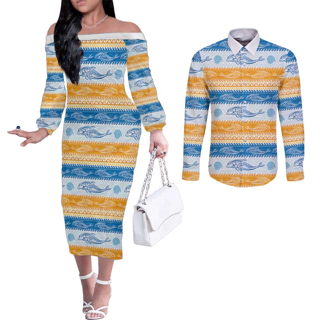 Anguilla Dolphins Pattern Couples Matching Off The Shoulder Long Sleeve Dress and Long Sleeve Button Shirt Orange And Blue