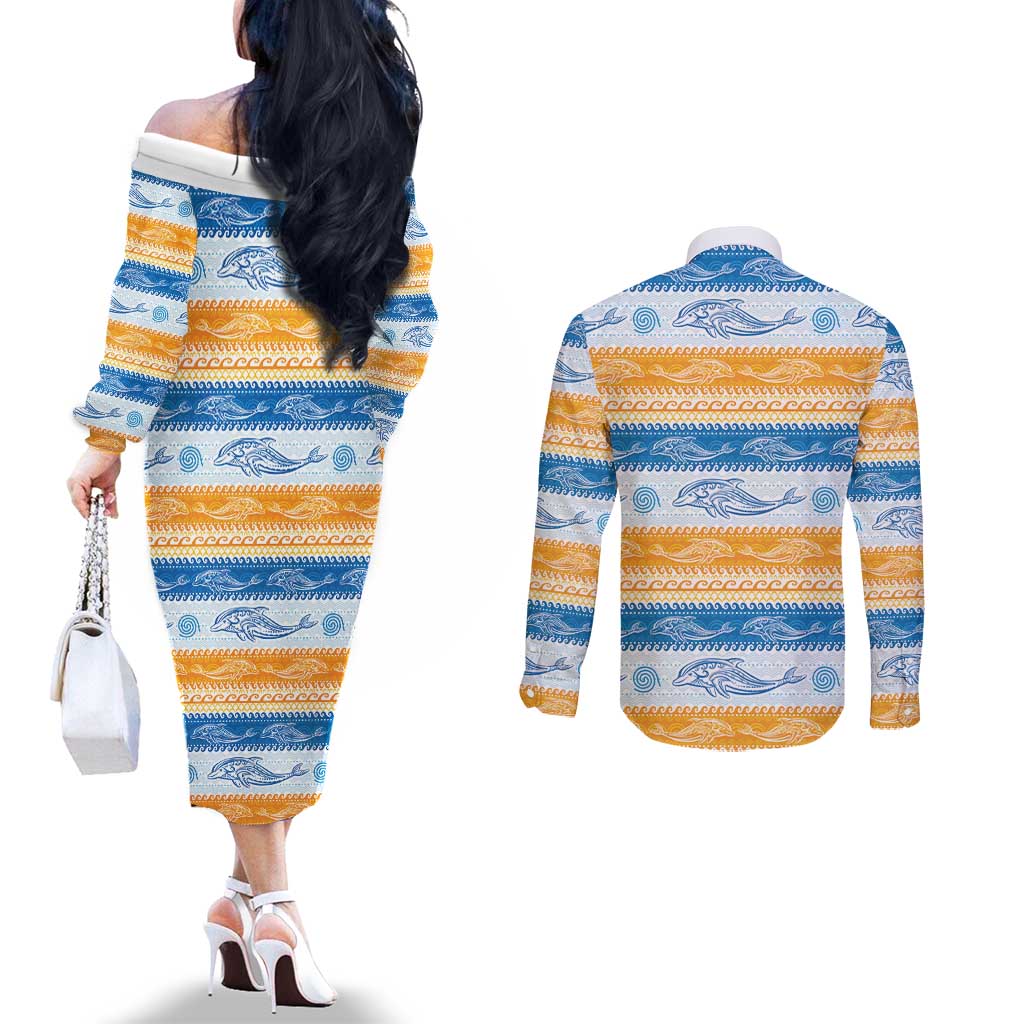 Anguilla Dolphins Pattern Couples Matching Off The Shoulder Long Sleeve Dress and Long Sleeve Button Shirt Orange And Blue