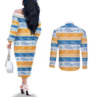 Anguilla Dolphins Pattern Couples Matching Off The Shoulder Long Sleeve Dress and Long Sleeve Button Shirt Orange And Blue