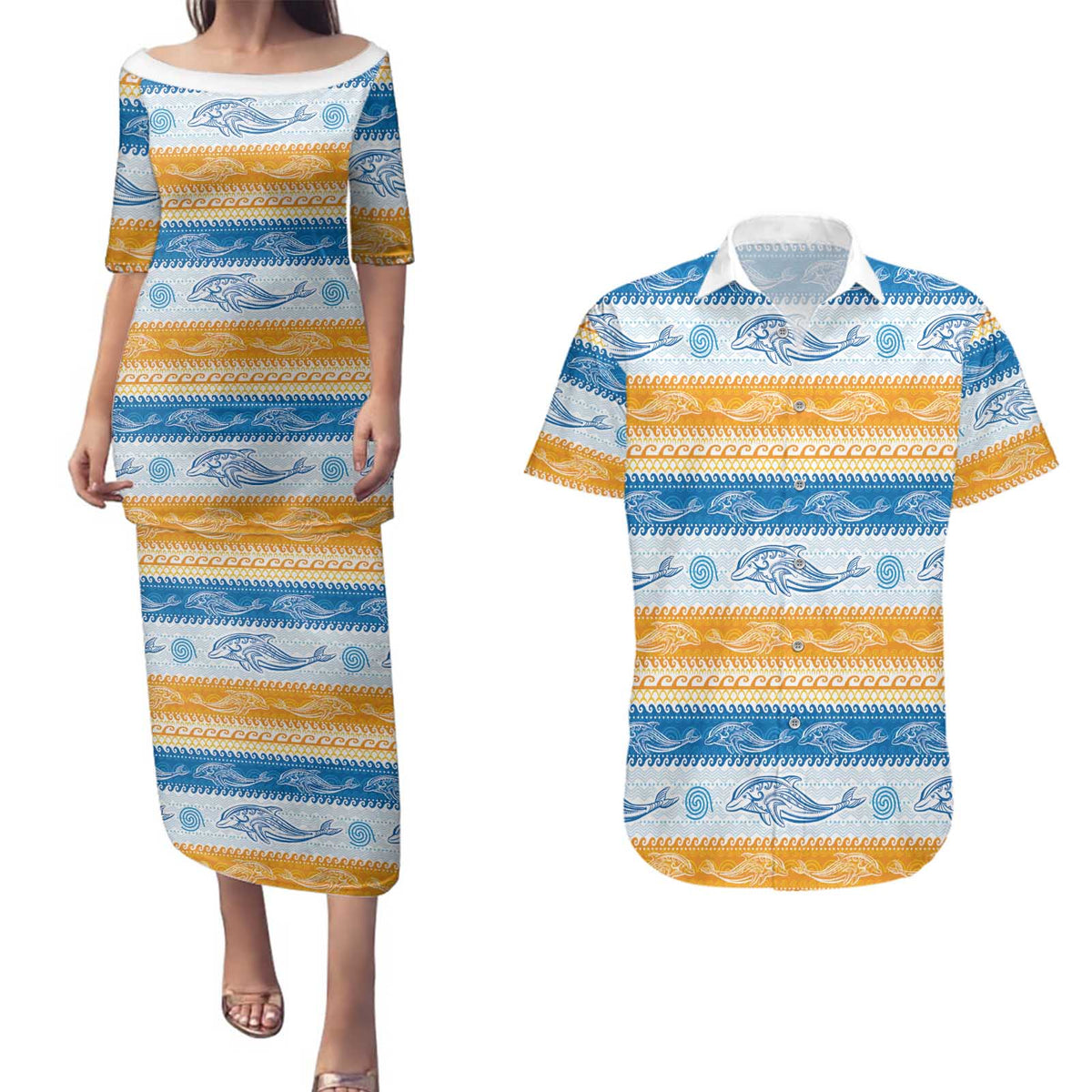 Anguilla Dolphins Pattern Couples Matching Puletasi and Hawaiian Shirt Orange And Blue