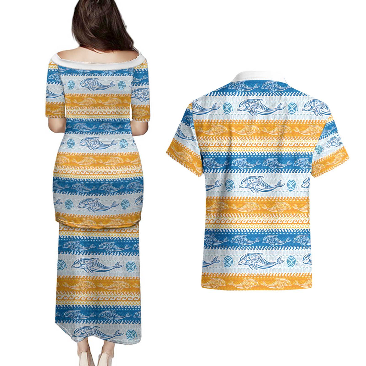 Anguilla Dolphins Pattern Couples Matching Puletasi and Hawaiian Shirt Orange And Blue