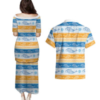 Anguilla Dolphins Pattern Couples Matching Puletasi and Hawaiian Shirt Orange And Blue
