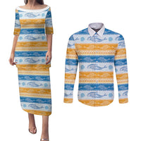 Anguilla Dolphins Pattern Couples Matching Puletasi and Long Sleeve Button Shirt Orange And Blue