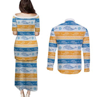 Anguilla Dolphins Pattern Couples Matching Puletasi and Long Sleeve Button Shirt Orange And Blue