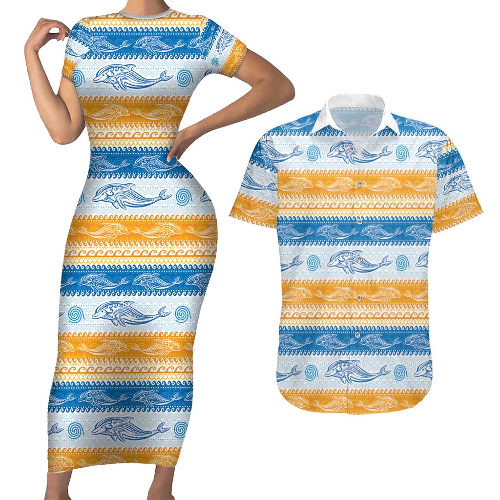 Anguilla Dolphins Pattern Couples Matching Short Sleeve Bodycon Dress and Hawaiian Shirt Orange And Blue