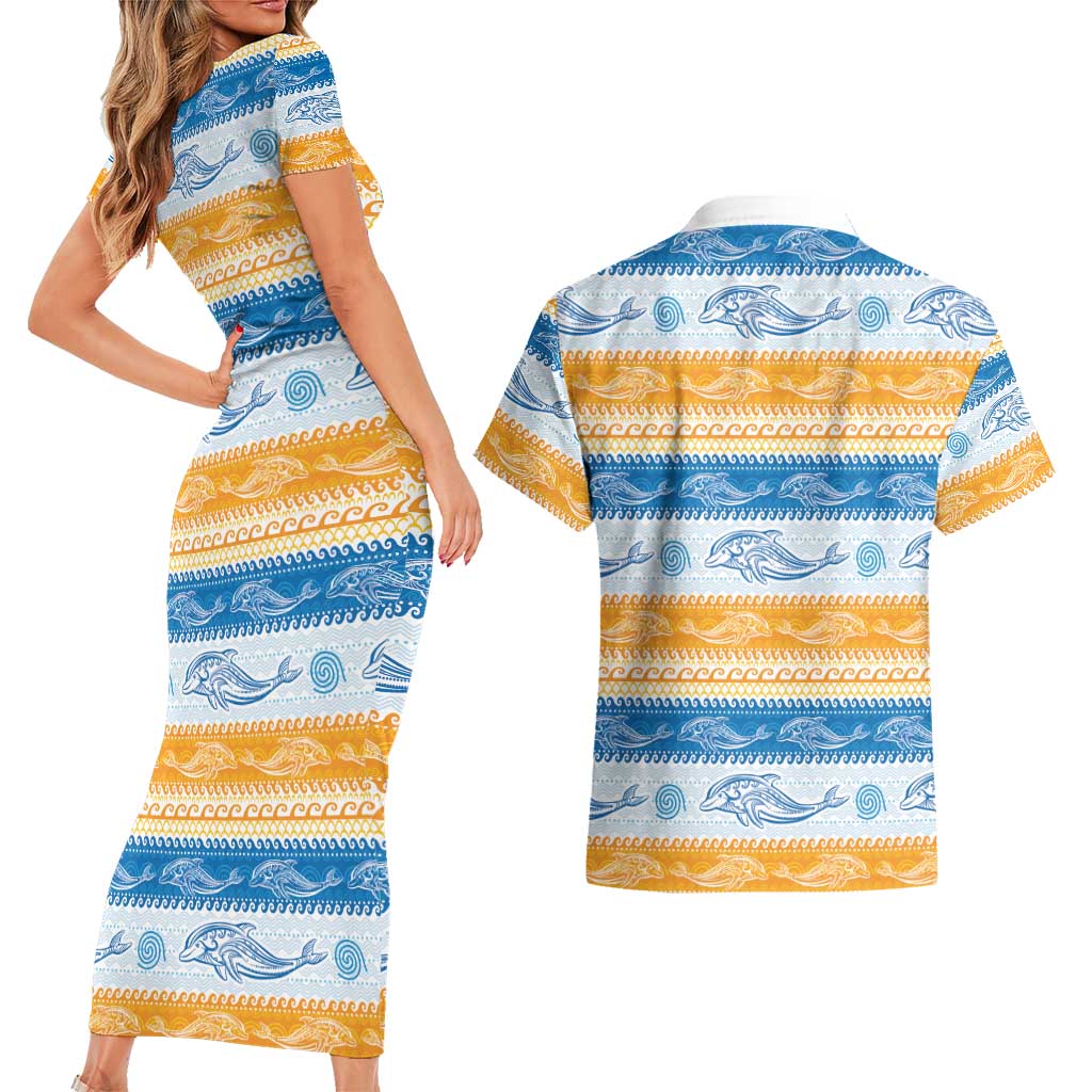 Anguilla Dolphins Pattern Couples Matching Short Sleeve Bodycon Dress and Hawaiian Shirt Orange And Blue
