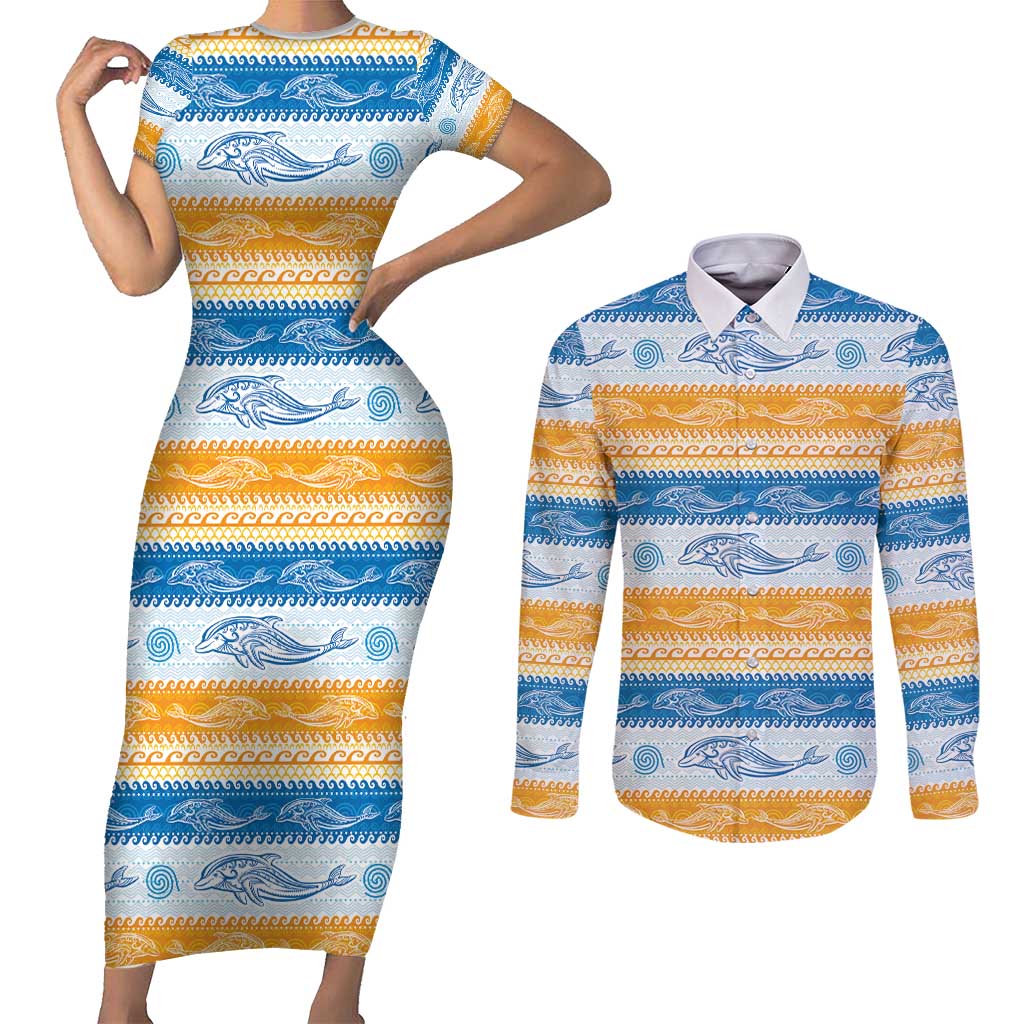 Anguilla Dolphins Pattern Couples Matching Short Sleeve Bodycon Dress and Long Sleeve Button Shirt Orange And Blue
