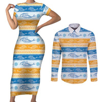 Anguilla Dolphins Pattern Couples Matching Short Sleeve Bodycon Dress and Long Sleeve Button Shirt Orange And Blue