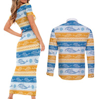 Anguilla Dolphins Pattern Couples Matching Short Sleeve Bodycon Dress and Long Sleeve Button Shirt Orange And Blue