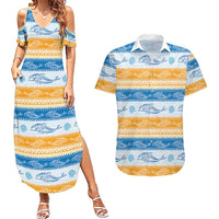 Anguilla Dolphins Pattern Couples Matching Summer Maxi Dress and Hawaiian Shirt Orange And Blue