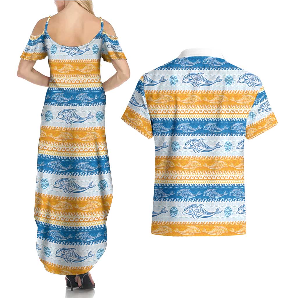 Anguilla Dolphins Pattern Couples Matching Summer Maxi Dress and Hawaiian Shirt Orange And Blue