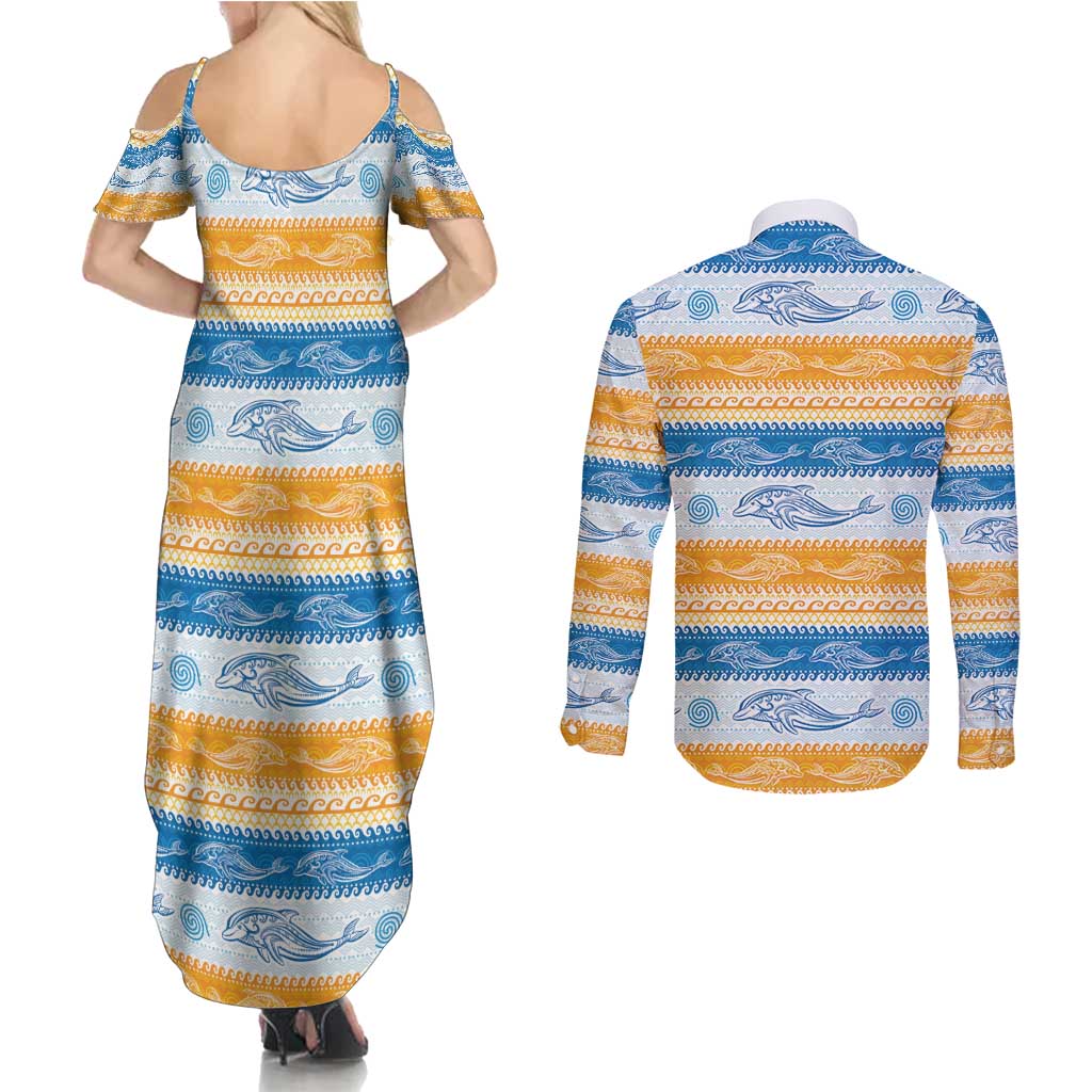Anguilla Dolphins Pattern Couples Matching Summer Maxi Dress and Long Sleeve Button Shirt Orange And Blue
