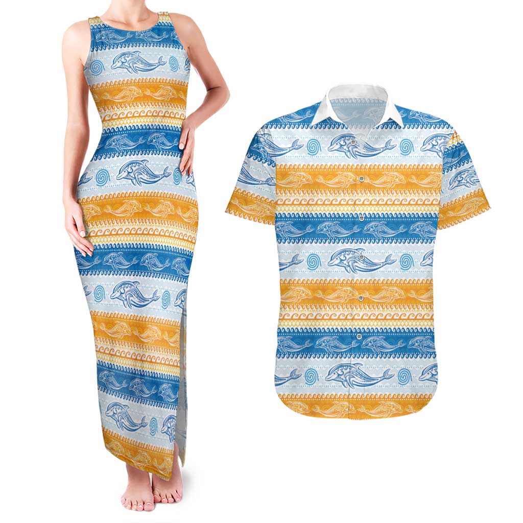 Anguilla Dolphins Pattern Couples Matching Tank Maxi Dress and Hawaiian Shirt Orange And Blue
