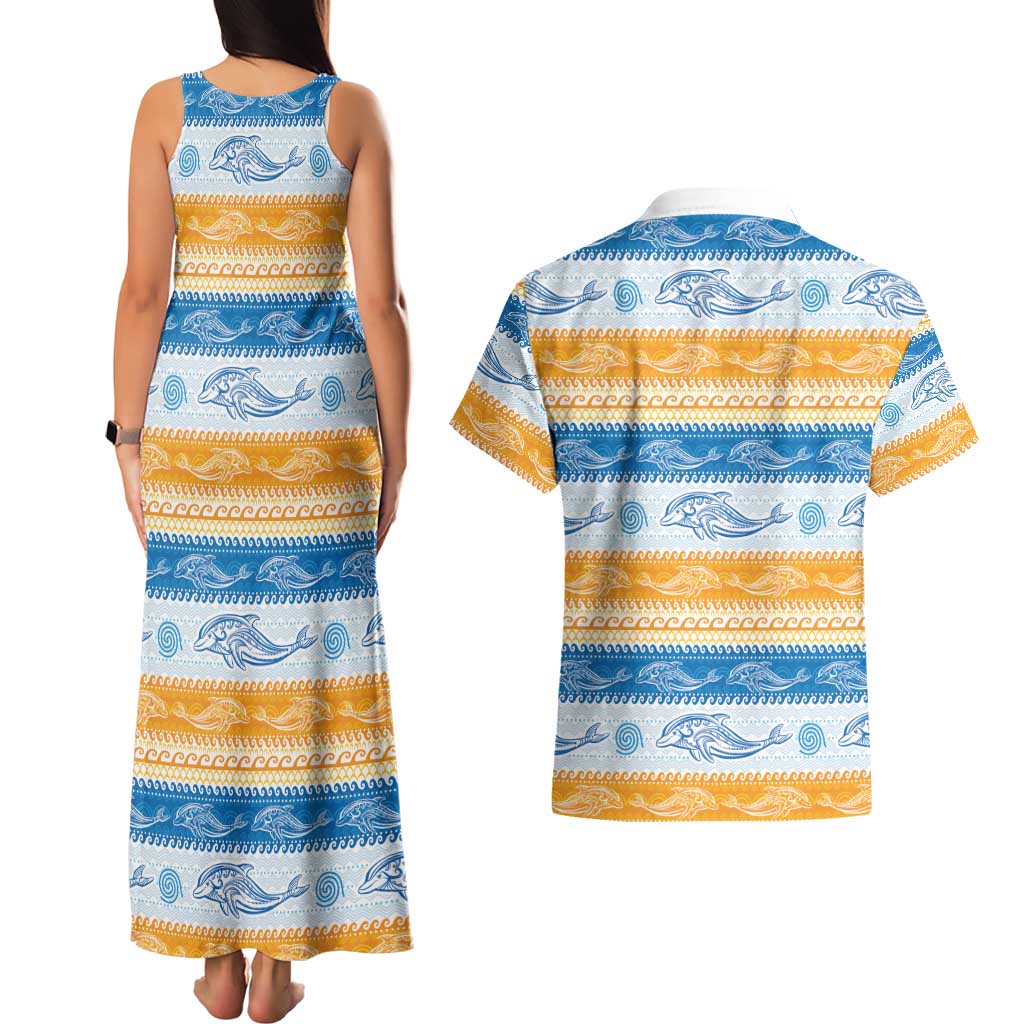 Anguilla Dolphins Pattern Couples Matching Tank Maxi Dress and Hawaiian Shirt Orange And Blue