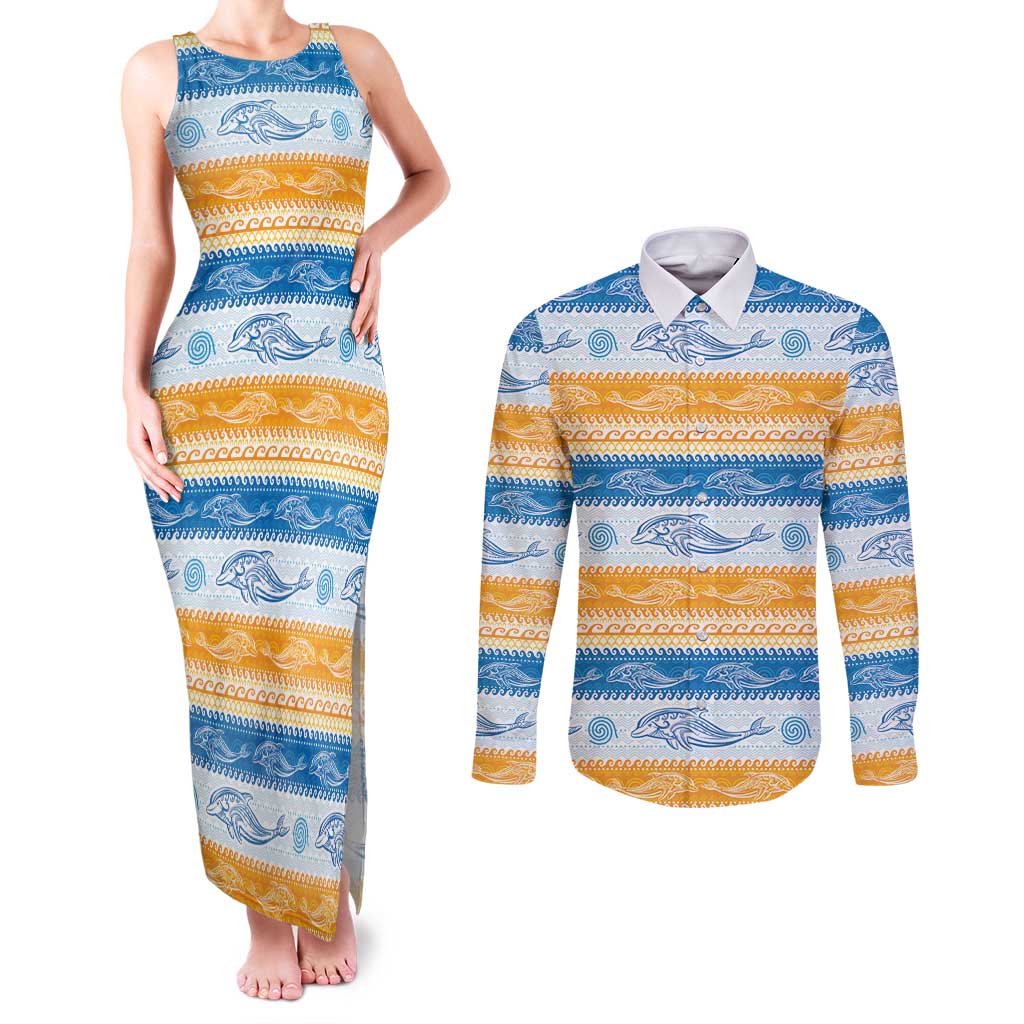 Anguilla Dolphins Pattern Couples Matching Tank Maxi Dress and Long Sleeve Button Shirt Orange And Blue