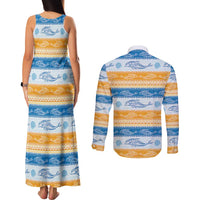 Anguilla Dolphins Pattern Couples Matching Tank Maxi Dress and Long Sleeve Button Shirt Orange And Blue