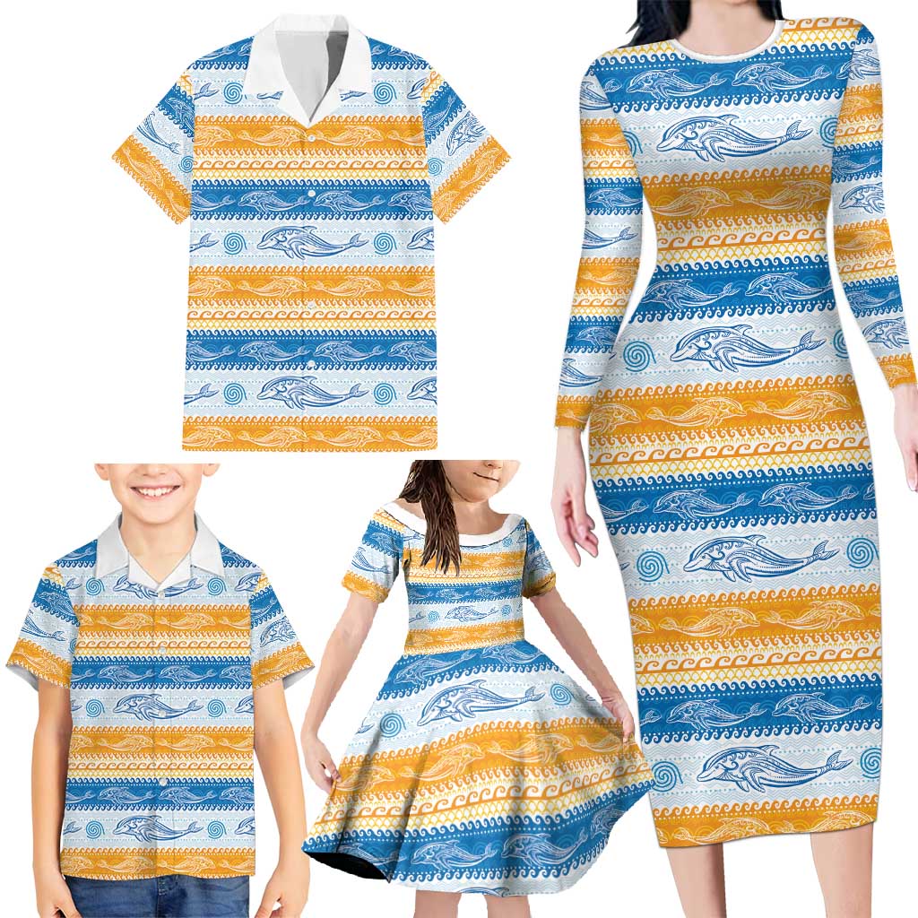 Anguilla Dolphins Pattern Family Matching Long Sleeve Bodycon Dress and Hawaiian Shirt Orange And Blue