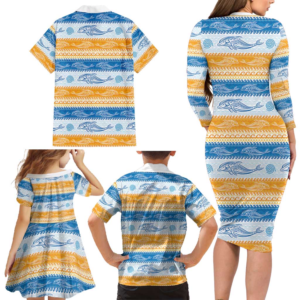 Anguilla Dolphins Pattern Family Matching Long Sleeve Bodycon Dress and Hawaiian Shirt Orange And Blue