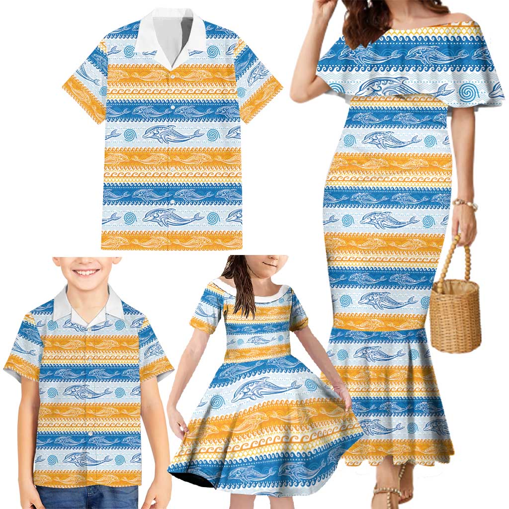 Anguilla Dolphins Pattern Family Matching Mermaid Dress and Hawaiian Shirt Orange And Blue