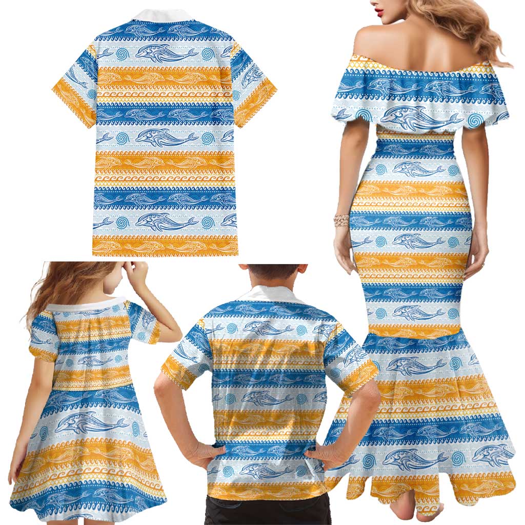 Anguilla Dolphins Pattern Family Matching Mermaid Dress and Hawaiian Shirt Orange And Blue