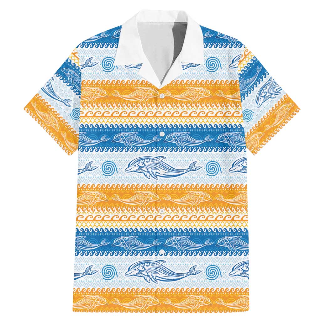 Anguilla Dolphins Pattern Family Matching Mermaid Dress and Hawaiian Shirt Orange And Blue