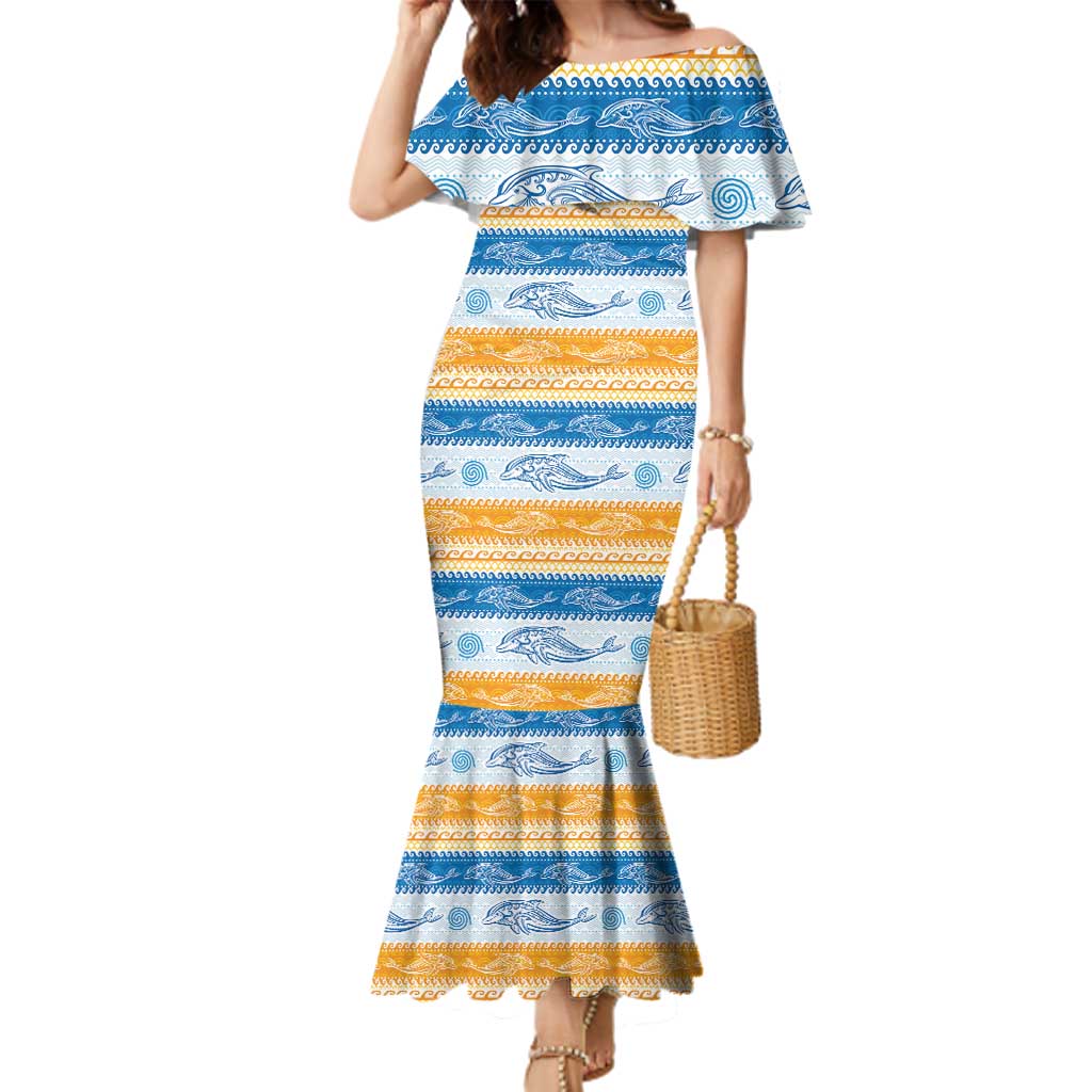 Anguilla Dolphins Pattern Family Matching Mermaid Dress and Hawaiian Shirt Orange And Blue