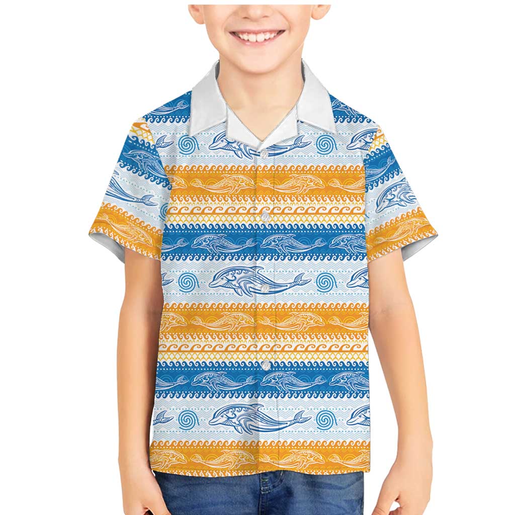 Anguilla Dolphins Pattern Family Matching Mermaid Dress and Hawaiian Shirt Orange And Blue