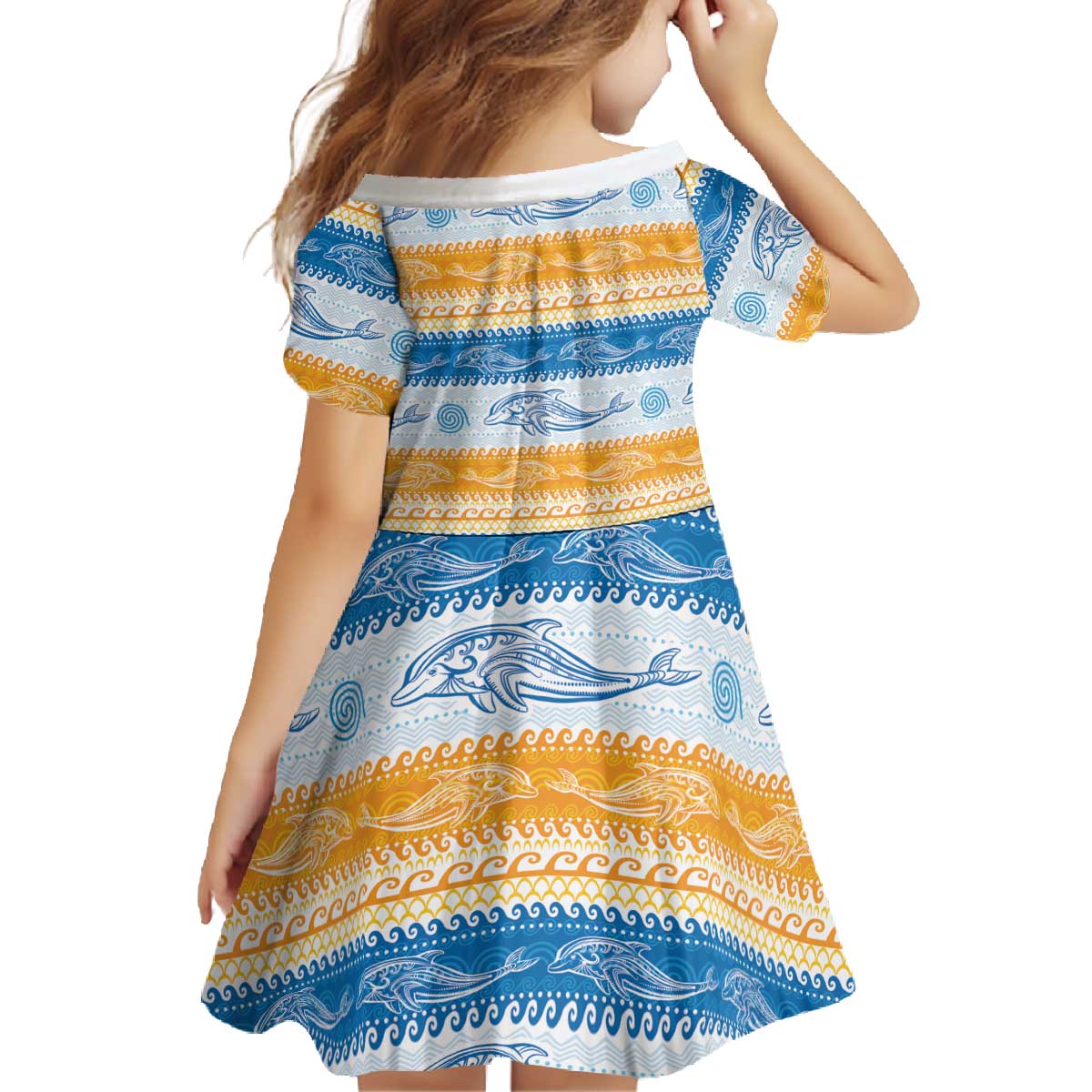 Anguilla Dolphins Pattern Family Matching Off The Shoulder Long Sleeve Dress and Hawaiian Shirt Orange And Blue
