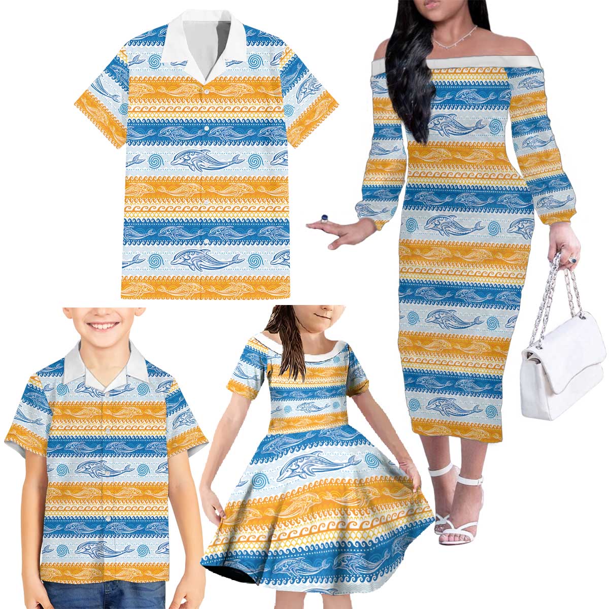 Anguilla Dolphins Pattern Family Matching Off The Shoulder Long Sleeve Dress and Hawaiian Shirt Orange And Blue
