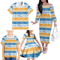 Anguilla Dolphins Pattern Family Matching Off The Shoulder Long Sleeve Dress and Hawaiian Shirt Orange And Blue