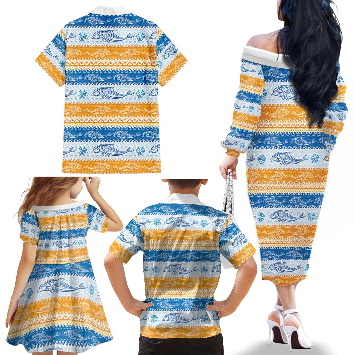 Anguilla Dolphins Pattern Family Matching Off The Shoulder Long Sleeve Dress and Hawaiian Shirt Orange And Blue