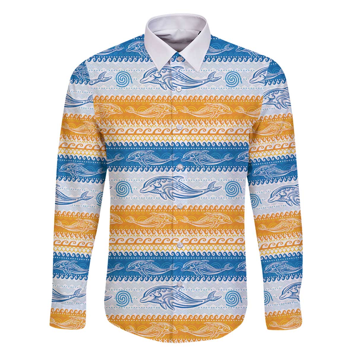 Anguilla Dolphins Pattern Family Matching Off The Shoulder Long Sleeve Dress and Hawaiian Shirt Orange And Blue