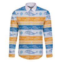 Anguilla Dolphins Pattern Family Matching Off The Shoulder Long Sleeve Dress and Hawaiian Shirt Orange And Blue