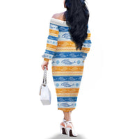 Anguilla Dolphins Pattern Family Matching Off The Shoulder Long Sleeve Dress and Hawaiian Shirt Orange And Blue
