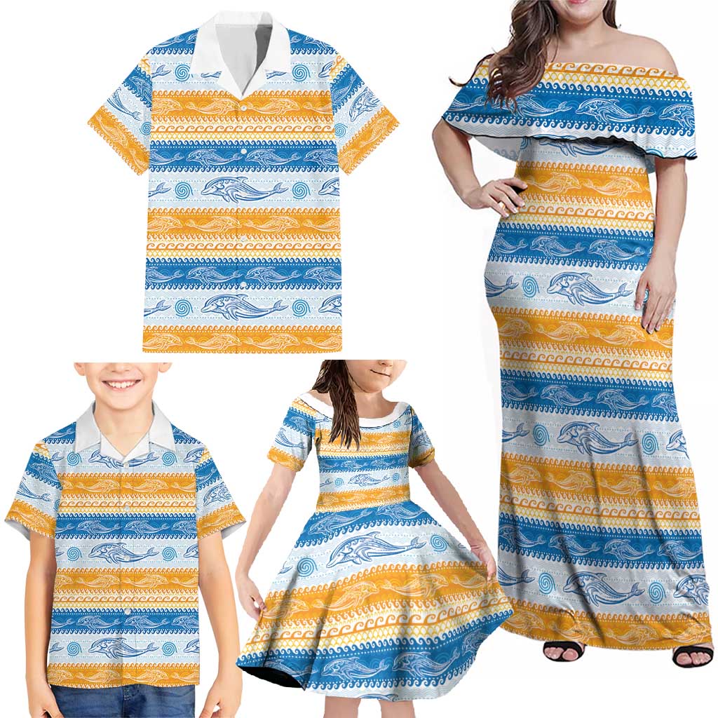 Anguilla Dolphins Pattern Family Matching Off Shoulder Maxi Dress and Hawaiian Shirt Orange And Blue