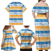 Anguilla Dolphins Pattern Family Matching Off Shoulder Maxi Dress and Hawaiian Shirt Orange And Blue