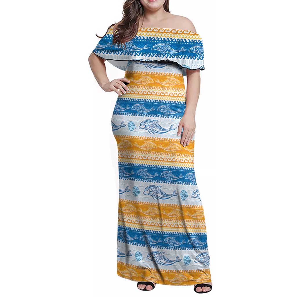 Anguilla Dolphins Pattern Family Matching Off Shoulder Maxi Dress and Hawaiian Shirt Orange And Blue