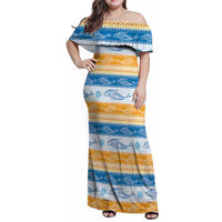 Anguilla Dolphins Pattern Family Matching Off Shoulder Maxi Dress and Hawaiian Shirt Orange And Blue