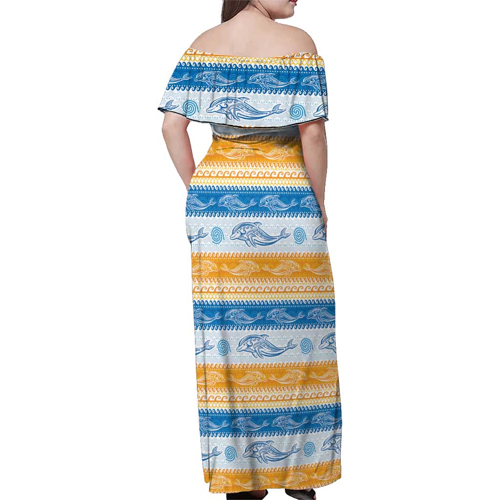 Anguilla Dolphins Pattern Family Matching Off Shoulder Maxi Dress and Hawaiian Shirt Orange And Blue