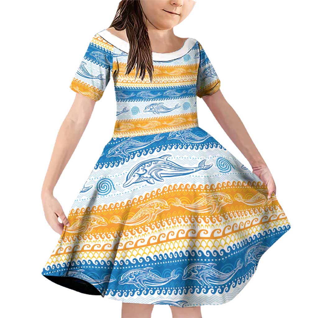 Anguilla Dolphins Pattern Family Matching Off Shoulder Short Dress and Hawaiian Shirt Orange And Blue