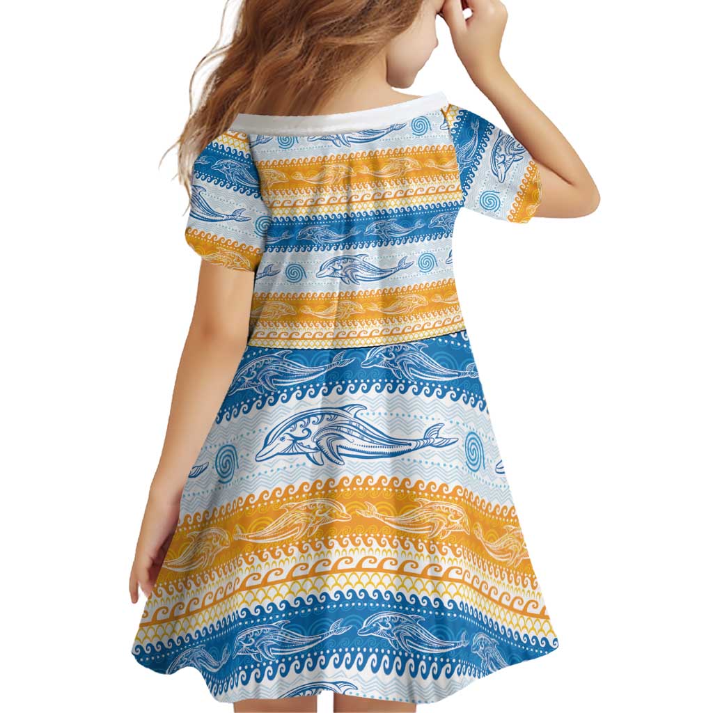 Anguilla Dolphins Pattern Family Matching Off Shoulder Short Dress and Hawaiian Shirt Orange And Blue