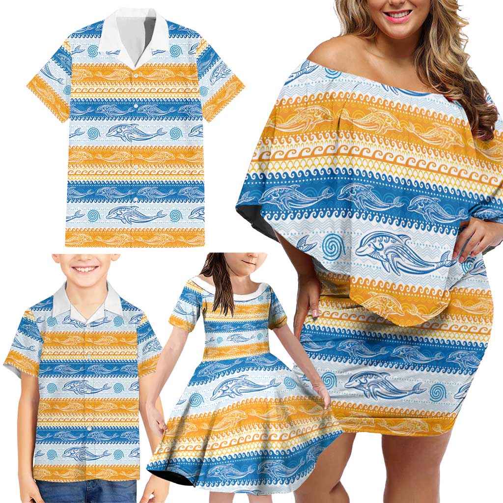Anguilla Dolphins Pattern Family Matching Off Shoulder Short Dress and Hawaiian Shirt Orange And Blue