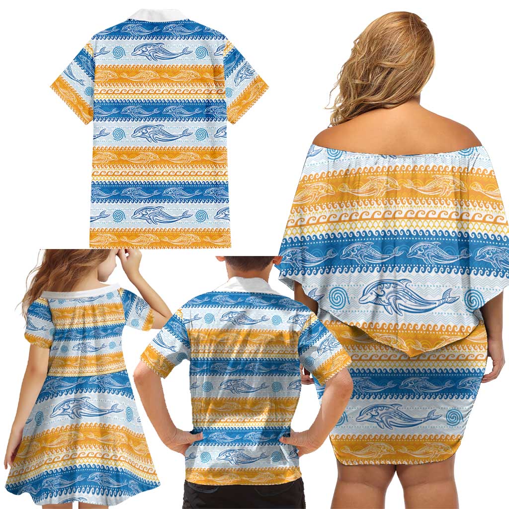 Anguilla Dolphins Pattern Family Matching Off Shoulder Short Dress and Hawaiian Shirt Orange And Blue